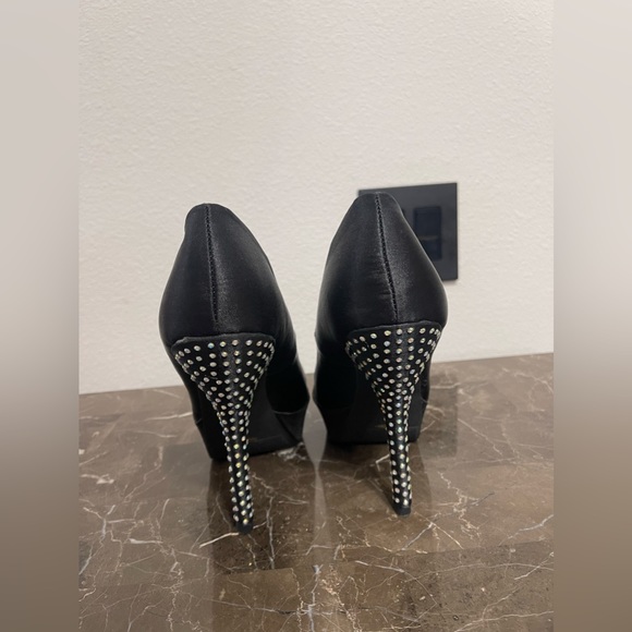 Size 8, Silk Black Pumps with Rhinestones on Heel - Picture 6 of 9